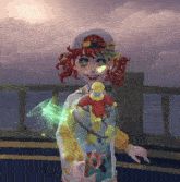 a girl with red hair and a hat is holding a doll in her hand