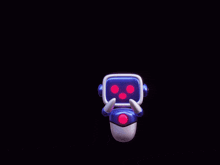 a blue and white robot with horns and glowing pink eyes