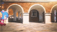 a cartoon of a girl with blue hair standing in front of a brick building