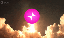 a rocket is being launched with a pink circle with a white star in it