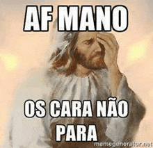 jesus is covering his face with his hands while making a funny face .