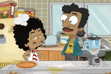 a cartoon of two men standing in a kitchen with a jar of mayonnaise in the background