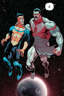 two superheros are flying in space and one has a speech bubble that says " hey me "
