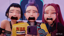 three cartoon girls are crying and one is wearing a shirt that says netflix on it