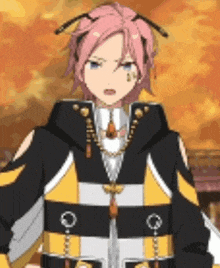 a girl with pink hair and blue eyes is wearing a black and yellow outfit and a necklace .