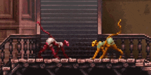 two monkeys are walking on a balcony in a pixel art video game