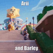 arii and barley are walking down a set of stairs in a video game