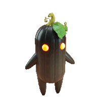 a black pumpkin with yellow eyes and a green leaf on top of it