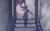 a girl is standing on a set of stairs with her shadow on the floor