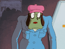 a cartoon character wearing a blue coat and a pink hat