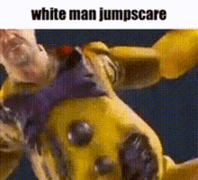 a cartoon character is jumping in the air with the words `` white man jumpscare '' written above him .