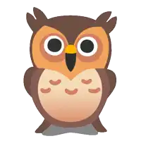 a brown and orange owl with a yellow beak and white eyes