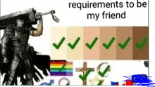 a picture of a man holding a sword with the words requirements to be my friend below him