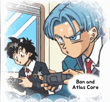 a cartoon of a boy holding a video game controller with the words bon and atlas core below him