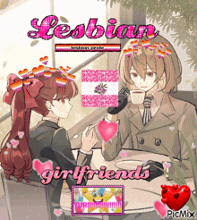 a picture of two girls sitting at a table with the words lesbian girlfriends on the bottom