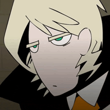 a close up of a cartoon character 's face with green eyes