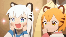 a cartoon of a girl with white hair and a tiger 's head