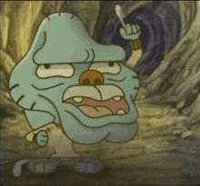 a cartoon character from the amazing world of gumball is holding a knife in his hand .