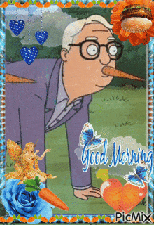 a picture of a man with a carrot sticking out of his nose says good morning picmix