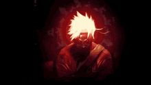 a drawing of a man in a red jacket with glowing hair