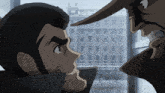 a cartoon of two men looking at each other with buildings in the background