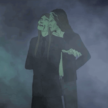 a drawing of a man in a suit and tie with a green face