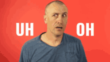 a man with a surprised look on his face is standing in front of a red background with uh oh written on it