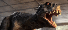 a close up of a dinosaur 's mouth with its mouth open