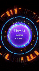a purple and blue circle with the words team # 2 coach karma on it