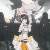 a girl with bunny ears and a flower on her head is dancing on a stage