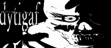 a black and white drawing of a skull with the word dytigaf written below it