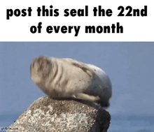 a seal laying on top of a rock with the words post this seal the 22nd of every month above it