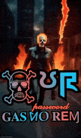 a poster for gas morem has a skull and crossbones symbol on it