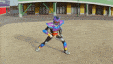 a person in a purple and blue superhero costume