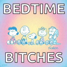 a poster with snoopy and his friends says bedtime bitches