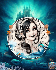 a picture of a mermaid with a castle in the background and the word aquatopia on the bottom