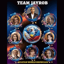 a poster for the team jayrob roatan world showcase showing their faces