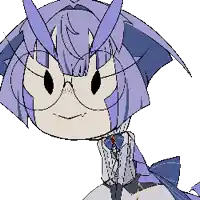a cartoon character with purple hair and horns wearing glasses and a bow tie