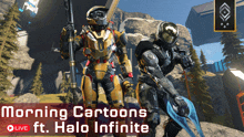 a video game advertisement for halo infinite shows two soldiers standing next to each other