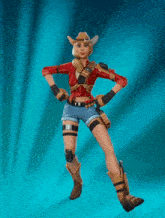 a woman wearing a cowboy hat and shorts is standing with her arm in the air