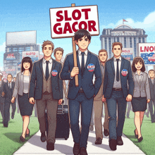 a man holding a sign that says slot gacor leading a group of people