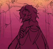a drawing of a person with purple hair and a red background