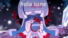 a cartoon character is holding a mirror and the words hola sune are written on the screen .