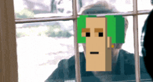 a pixel art drawing of a man with green hair looking out a window