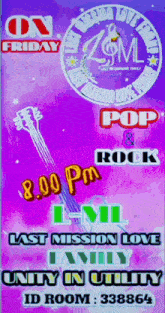 a purple poster with a guitar and the words " last mission love family unity in utility " on it