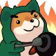 a cartoon dog wearing a green hat is holding a pan and spoon .