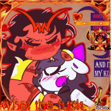 a cartoon of a demon kissing a cat with the words what the fuck