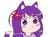 a cartoon girl with purple hair and cat ears has an angry expression on her face