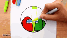 a person is drawing among us characters in a circle with a marker