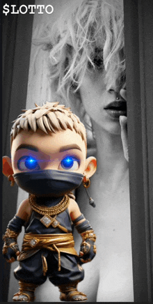 a cartoon character with blue eyes is standing in front of a woman and the word sloto is on the bottom right
